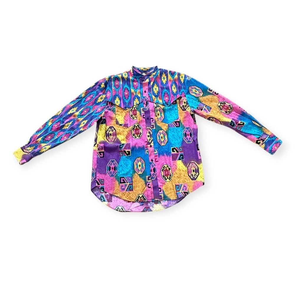 VTG 1990's Western Cowboy Rodeo Neon Loud Funky Print Bullhide Garth USA‎ Sz M - Picture 2 of 12
